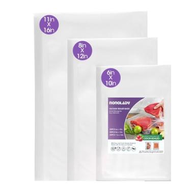 Imagem de NONOLADY Sacos seladores a vácuo para alimentos, 27,9 galões 28 x 40,6 cm e 50 litros 20,3 x 30,5 cm e 50 litros 15,2 x 25,4 cm pré-cortados, grau comercial, sem BPA, para armazenamento de vácuo de