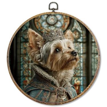 Imagem de Sufamb Decoração de parede redonda estilo renascentista Yorkshire Terrier, arte em tela Yorkie Gifts emoldurada, decorações de impressão de parede de cachorro King Yorkie para decoração de sala de
