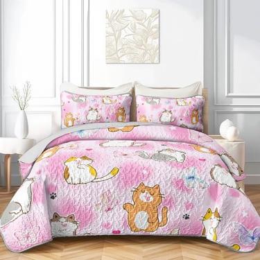 Imagem de QOOMO Kawaii, conjunto de colcha infantil, tamanho king, 3 peças, com estampa de gatinho fofo, conjunto de colcha de cama leve de microfibra macia com 2 fronhas para todas as estações