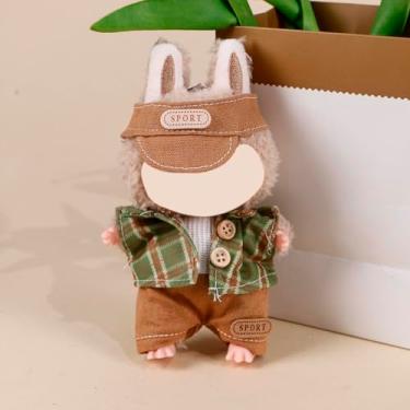 Imagem de Compatível com Labubu (sem boneca) - Conjunto de chapéu esportivo marrom e colete xadrez verde com shorts marrons, roupa para bonecas de pelúcia de 15 cm/17 cm (estilo xadrez marrom e verde)