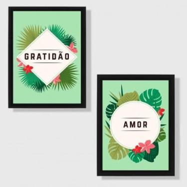 Imagem de Kit 2 Quadros Gratidão E Amor Tropical 45X34Cm Moldura Preta - Quadros