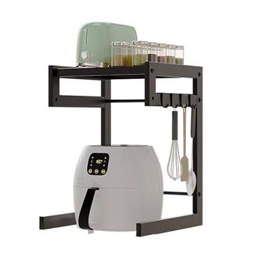 Imagem de HHHJQFAAT Prateleira de forno de micro-ondas de 2 camadas, suporte de micro-ondas ajustável com 4 ganchos, suporte de forno de micro-ondas autônomo, para micro-ondas, forno, organizador de