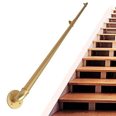 Imagem de Corrimão de escada - kit completo, corrimão de tubo dourado industrial de escada com suporte de montagem na parede, casa contra a parede, grades internas e externas para idosos (tamanho: 2,4 m)