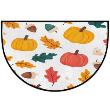 Imagem de Tapete de porta meio redondo desenho animado outono abóbora antiderrapante absorvente semicírculo tapetes laváveis, tapetes de meia lua para interior, pátio, cozinha, banheiro, entrada, lareira