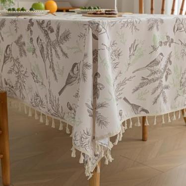 Imagem de Erbnaryx Toalha de mesa cinza de designer para mesas quadradas, bordas com franjas com folhas e pássaros, toalha de mesa floral de fazenda decorativa para cozinha e sala de jantar, 150 x 178 cm