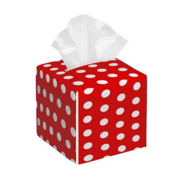 Imagem de Capa quadrada de couro para caixa de lenços à prova d'água, organizador de papel facial de bolinhas vermelhas com cinto inferior, estojo de lenços para mesa, banheiro, escritório, mesa, carro