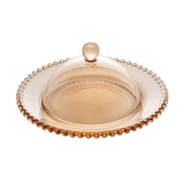 Imagem de Queijeira de Cristal C/Tampa Pearl Bolinha Âmbar 20x9cm Wolff