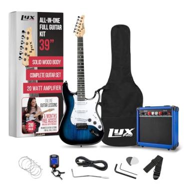 Imagem de LyxPro Conjunto de kit de guitarra elétrica de 39 cm com amplificador de 20w, todos os acessórios, sintonizador de clipe digital, seis cordas, duas palhetas, barra de tremolo, alça de ombro, kit de iniciante de bolsa tamanho grande - azul