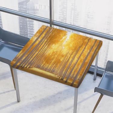 Imagem de hongjinglin Toalha de mesa quadrada para uso ao ar livre com borda elástica, toalha de mesa quadrada limpável, dourada, floresta, para ambientes externos, ambientes internos, pátio, jantar, cozinha