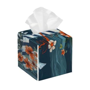 Imagem de Capa quadrada de couro para caixa de lenços à prova d'água, âncora marítima, flor, organizador de papel facial retrô com cinto inferior, estojo de lenços para mesa, banheiro, escritório, mesa, carro