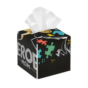 Imagem de Capa quadrada de couro para caixa de lenços à prova d'água, design de linha de autismo, organizador de papel facial com cinto inferior, estojo de lenços para mesa, banheiro, escritório, mesa, carro