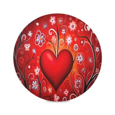 Imagem de Blueangle Jogo americano redondo de coração vermelho dos namorados, conjunto de 6 tapetes de mesa de poliéster, fácil de limpar, resistente ao calor, limpável, para mesa de jantar (360)