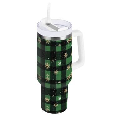 Imagem de Blueangle Copo xadrez de búfalo preto de 850 g com alça e tampa de palha, copo isolado reutilizável de aço inoxidável garrafa de água caneca de viagem (174)