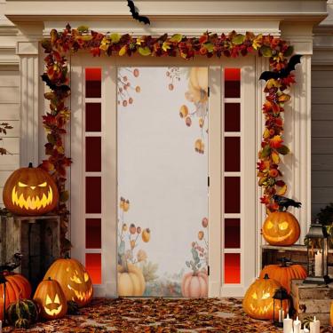 Imagem de ATTX Capa de porta frontal de abóboras e frutas silvestres - decoração de férias de tecido elástico lavável para festas, casa, decoração de porta da frente, 32 x 79 polegadas (160)