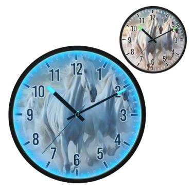 Imagem de Blueangle Relógio de parede LED que brilha no escuro e ativado por voz, silencioso, cavalos brancos de 30,5 cm, design de corrida, operado por bateria para decoração de quarto e sala de estar (287)