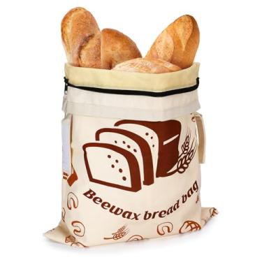 Imagem de Sacos de pão de cera de abelha natural com zíper de vedação - 33 x 40 cm, envoltórios reutilizáveis de armazenamento de massa fermentada para pão caseiro, mantendo os alimentos frescos, presentes para