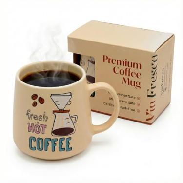 Imagem de VIN FRESCO Caneca de café de cerâmica de 340 g – segura para micro-ondas e lava-louças – Copo grosso de grés com excelente retenção de calor para café, chá, chocolate quente e mais – Bege