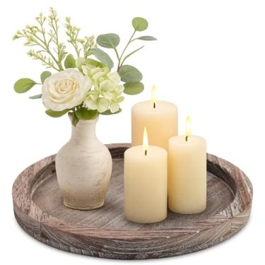 Imagem de Bandejas redondas decorativas de madeira para balcão de mesa de café, cozinha de fazenda, decoração de casa, suporte de vela de madeira, bandeja circular circular rústica para mesa de jantar com