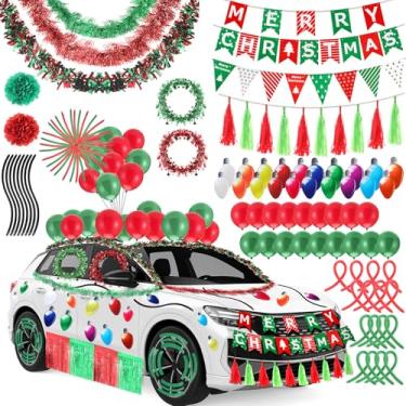 Imagem de Soulchen Kit de decoração de carro de Natal, 109 peças, decorações flutuantes para desfile de Natal, vermelho, verde, branco, com lâmpadas refletivas, ímãs, adesivos, bandeiras, guirlandas de tinsel