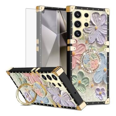 Imagem de Asuwish Capa de celular para Samsung Galaxy S24 Ultra 5G Capa magnética com protetor de tela de vidro temperado e anel protetor de flor de pintura suporte rígido S24Ultra 24S S 24 24Ultra Mulheres