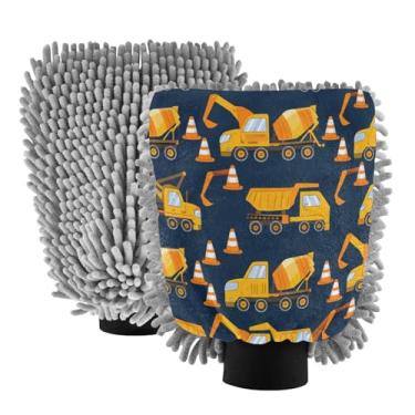 Imagem de STAYTOP Luvas de lavagem de carro de construção amarela estilo desenho animado, 2 peças, luvas de microfibra de chenille, sem arranhões, panos de esponja de lavagem ultra absorventes para carros