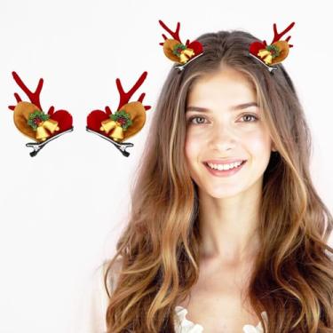 Imagem de Grampos de cabelo femininos com chifres de Natal, design de sino, chifre de rena, acessórios de cabelo festivos, 1 par