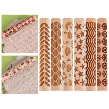 Imagem de HOBBIESAY 6 estilos ferramentas de cerâmica de 10 cm rolo de argila feito à mão rolo de argila de madeira modelagem em relevo gravado rolo de mão para construção de lajes esculpir artesanato arte DIY