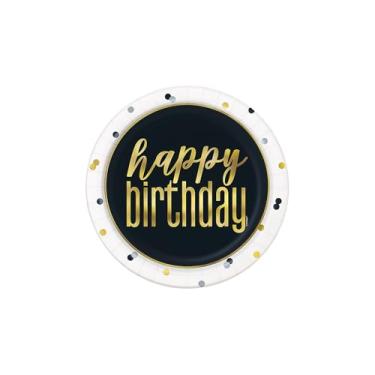 Imagem de Fun Express Pratos de jantar de papel metálicos elegantes "Happy Birthday" - 23 cm - preto e dourado, descartáveis, não seguros para micro-ondas - perfeitos para aniversários, marcos e buffets de