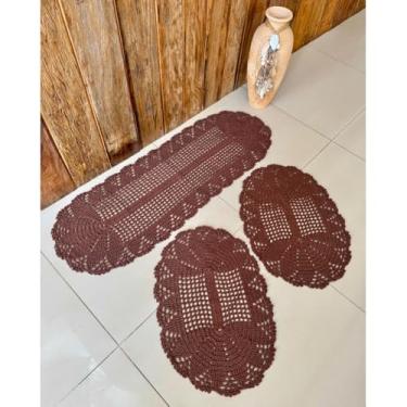 Imagem de Kit Tapete e Passadeira Cozinha Oval 3 Peças Leque Colorido Crochê Artesanal (Marrom)