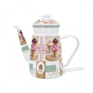 Imagem de Bule Esmaltado Vintage 1,2L, Ferro com Revestimento em Esmalte, Cabo em Porcelana, para Fogões Elétrico, Gás, Indução e Lenha, 21x11x21cm