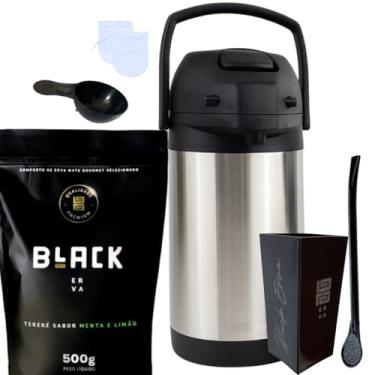 Imagem de Kit Tereré Black Erva Mate 500g Garrafa Térmica 2,5L Copo Acrílico 270ML e Bomba de Ferro (MENTA E LIMÃO)