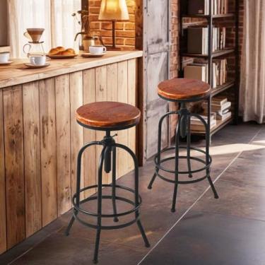 Imagem de Conjunto de 2 banquinhos de bar de cozinha industrial vintage, cozinha de fazenda de madeira redonda, cozinha francesa estilosa banquinho giratório, barra de cozinha altura ajustável, totalmente soldado, altura extra alta pub 26-32,3 polegadas