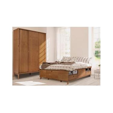 Imagem de Cama de Casal com Gavetas Charme - Doce de Leite Escovado - Meu Móvel de Madeira Marrom