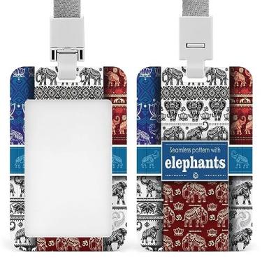 Imagem de Conjunto de porta-crachá de identificação de elefantes tribais étnicos de mandala sem costura com cordão, suporte de cartão de plástico com clipe de pressão removível para estudante, professor