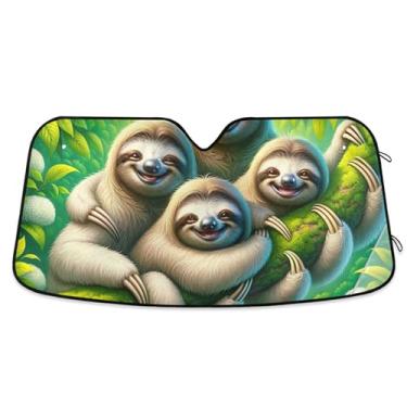 Imagem de Toldo de sol personalizado floresta verde preguiça fofa para para-brisa de carro bonito retrátil dobrável para-brisa frontal impressão animal automotivo L, 144,8 cm x 80 cm