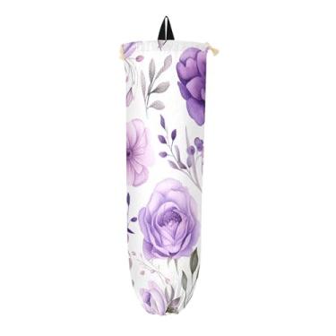 Imagem de Organizador de sacolas plásticas em aquarela floral roxa botânica, suporte de sacola de supermercado, armazenamento de saco plástico de cozinha