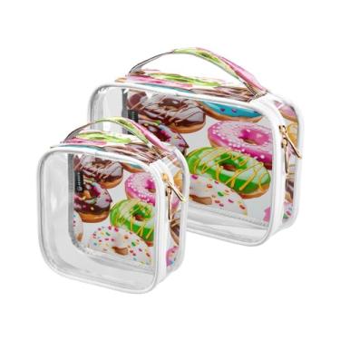 Imagem de GAIGEO Conjunto de 2 sacos de maquiagem transparentes com coruja decorativa na cor azul, sacos de maquiagem de plástico transparente com zíper para viagens, Rosquinhas multicoloridas-2, one size