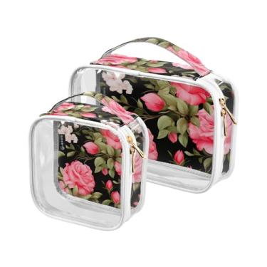 Imagem de GAIGEO Conjunto de bolsa cosmética transparente de flor de peônia rosa, bolsa de cosméticos com zíper duplo, bolsa de higiene pessoal tamanho viagem para mulheres, pacote com 2, Rosas e folhas rosas