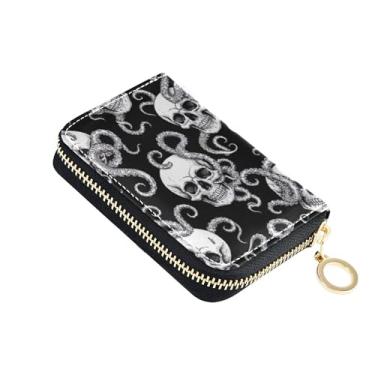 Imagem de Carteiras femininas com estampa de caveiras pretas e brancas com zíper protetor de cartão de crédito, bloqueio de RFID, carteira de viagem com zíper