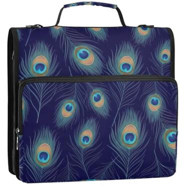 Imagem de Pastas com 3 anéis azuis de penas de pavão de 3 cm bolsa organizadora de fichários escolares com alça de ombro portfólio e estojo para pasta de anel, 34,5 x 31,5 x 9 cm