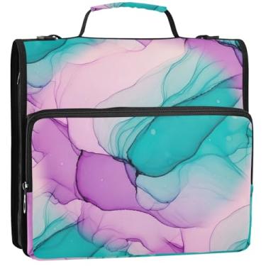 Imagem de Pasta organizadora de fichários de 3 anéis de 3 anéis de mármore pastel resistente com zíper bolsa de fichário para ensino médio com alça fofa para portfólio comporta 500 folhas, 34,5 x 31,5 x 9 cm