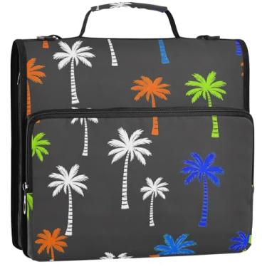 Imagem de Organizador de fichário listrado de palmeiras com zíper de 3,5 cm, 3 anéis, fichários resistentes com alça, bolsa escolar de ensino médio, vários bolsos, pasta grande, 34,5 x 31,5 x 9 cm
