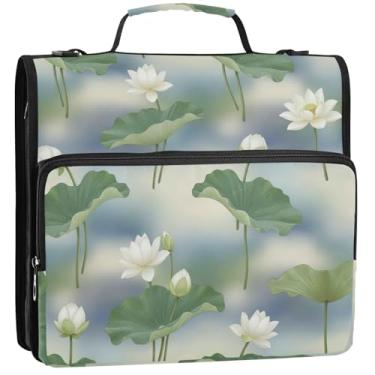 Imagem de Organizador de fichário com zíper elegante flores de lótus brancas 3 fichários de 3,8 cm anel D durável bolsa de fichário com alça para armazenamento escolar estojo portfólio com alça, 34,5 x 31,5 x 9