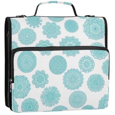 Imagem de Organizador de fichário com zíper de tecido, 3 fichários de 3,8 cm, mandalas turquesas, branco, portfólio e estojo, pasta de anel, bolsa escolar com alça de ombro, 34,5 x 31,5 x 9 cm