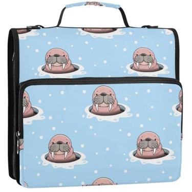 Imagem de Cute Walrus Hole 3 fichários anel D 3 1/2 polegada D organizador de fichário bolsa de fichário ensino médio com alça carteira profissional e suporte de pasta de anel, 34,5 x 31,5 x 9 cm