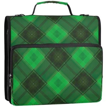 Imagem de Tartã xadrez verde com 3 argolas para fichários de 3,8 cm, organizador de fichário com zíper, bolsa de fichário para ensino médio com alça, comporta 500 folhas, 34,5 x 31,5 x 9 cm