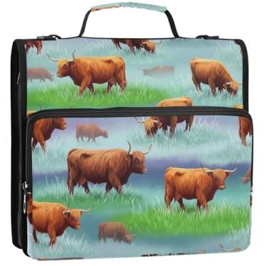 Imagem de Organizador de fichário com zíper Highland Cows Horns Frosty 3,8 cm 3 argolas anel colorido bolsa de fichário escolar com alça vários bolsos pasta grande portfólio, 34,5 x 31,5 x 9 cm