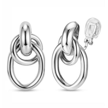 Imagem de ORAZIO Brincos femininos com clipe geométrico, exclusivos, não perfurados, banhado a ouro 14 quilates, nó grosso, brincos de argola com pingente de argola para mulheres, modernos, Cobre, Sem pedra