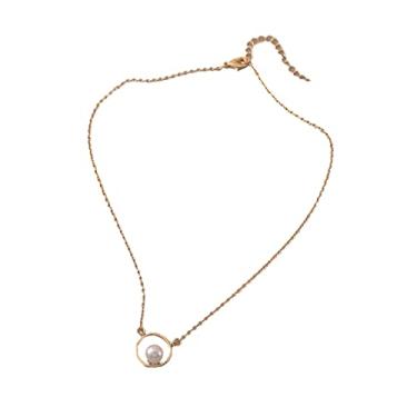 Imagem de ZJchao Colar de Pingente de Pérola Elegante Imitação Geométrica Pérola Corrente Fina Clavícula Jóias para Mulheres Meninas Presente Material de Liga