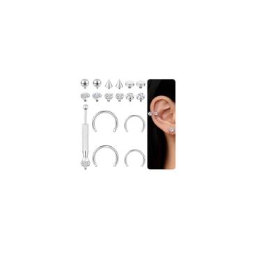Imagem de ZS Conjunto de piercing de orelha de titânio G23 16G para mulheres e homens - brincos de 6 mm com rosca interna/argolas de ferradura de 8 mm com zircônia cúbica para cartilagem hipoalergênica, tragus